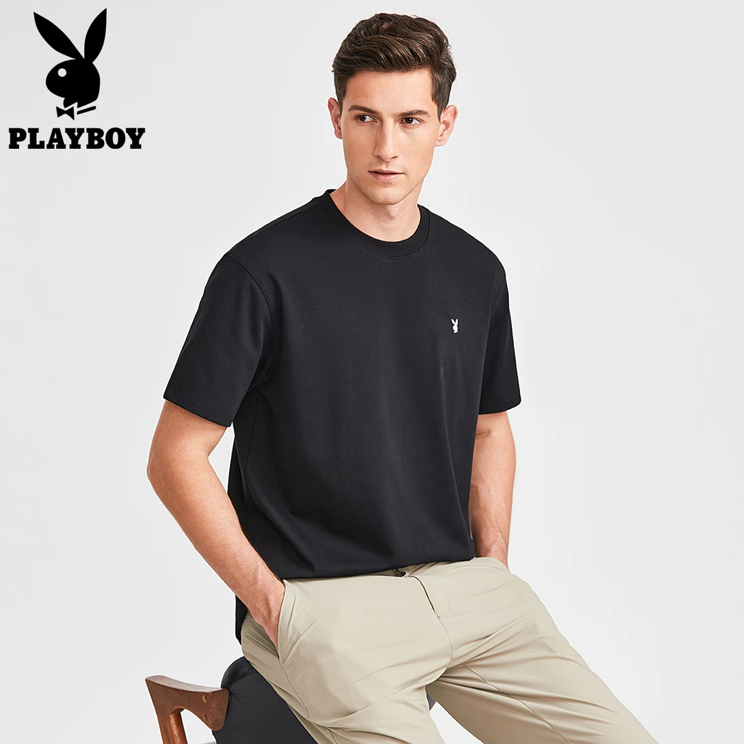 花花公子新疆棉圆领男士T恤夏季新款舒适时尚百搭休闲透气短袖男