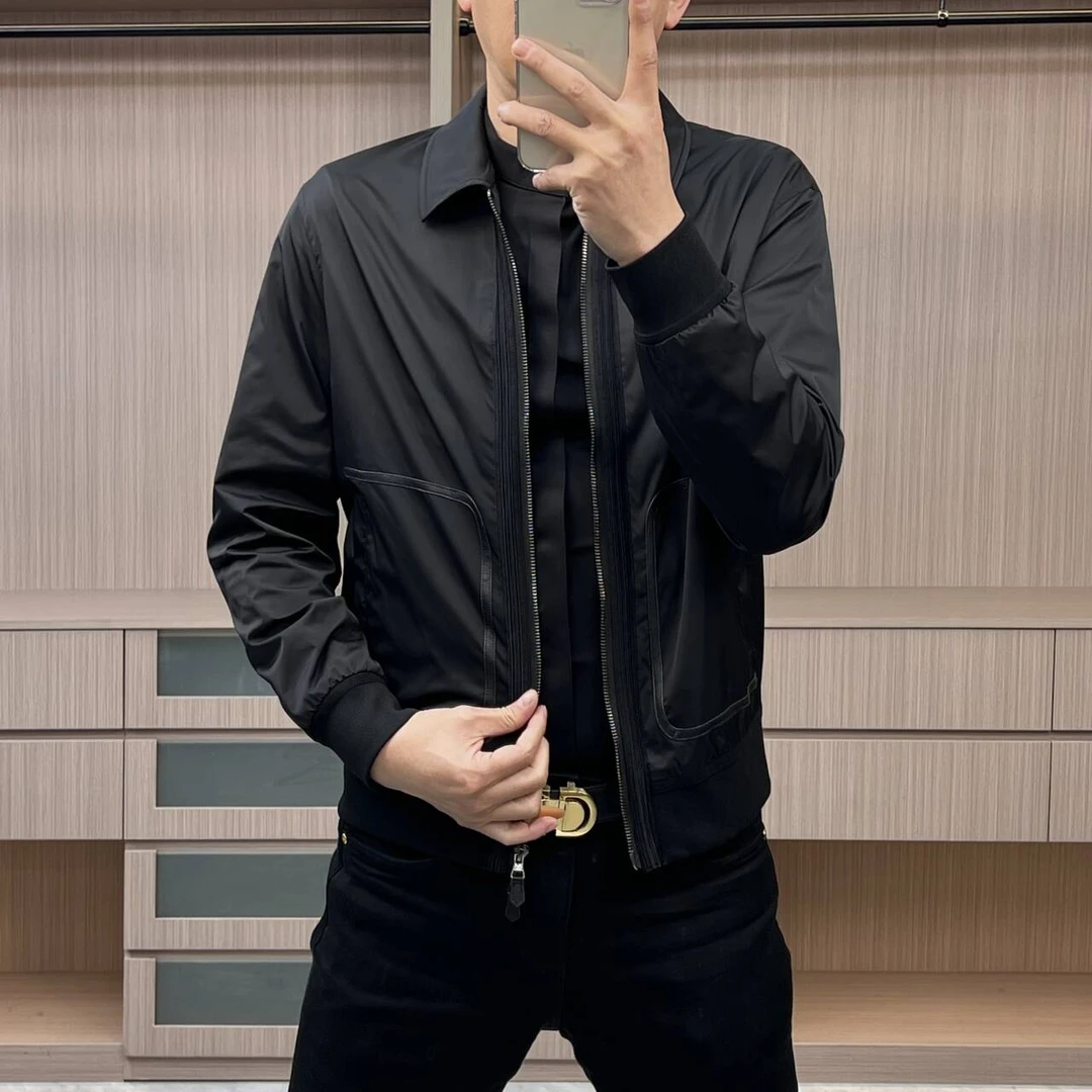 今晨优品-秋季男士简约商务拼皮净版纯色夹克外套经典舒适J555
