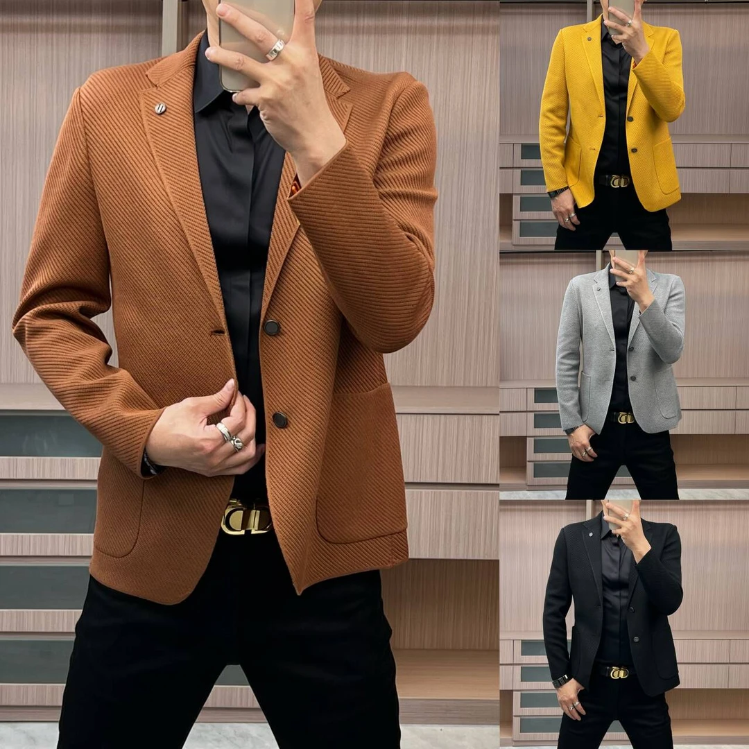 今晨优品-男士秋季简约商务净版纯色针织西服外套弹力透气8817