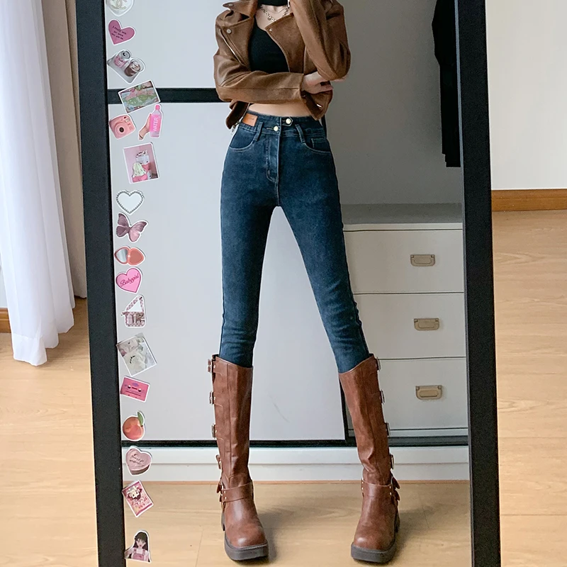 高腰加绒牛仔裤女秋冬季2025年新款修身显瘦弹力加厚铅笔小脚裤子