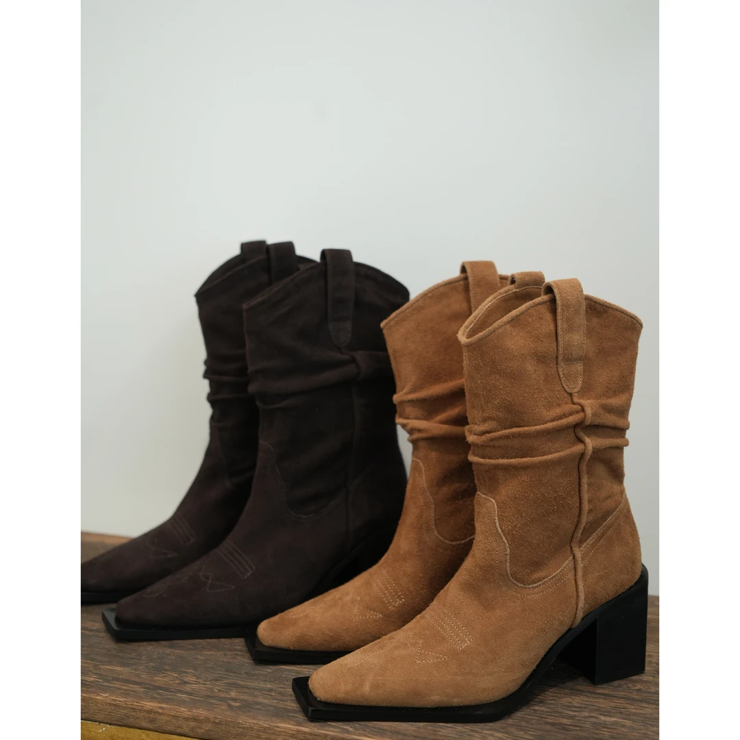 【流浪诗人】 巨软糯叽叽鹿皮堆堆靴 全羊内里不累脚中筒粗跟短靴