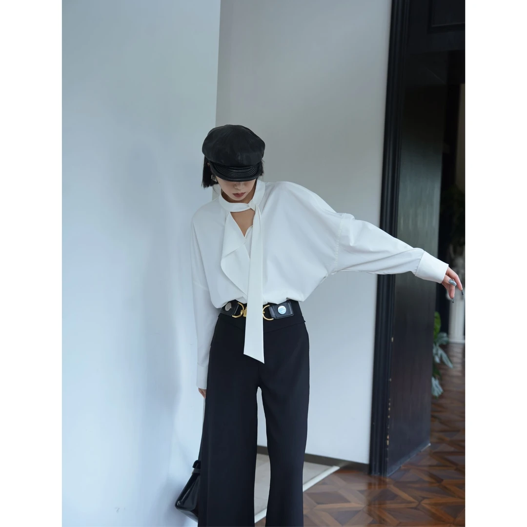 【尖沙咀】艾草纤维 港风廓形宽松中长款飘带领长袖设计感衬衫