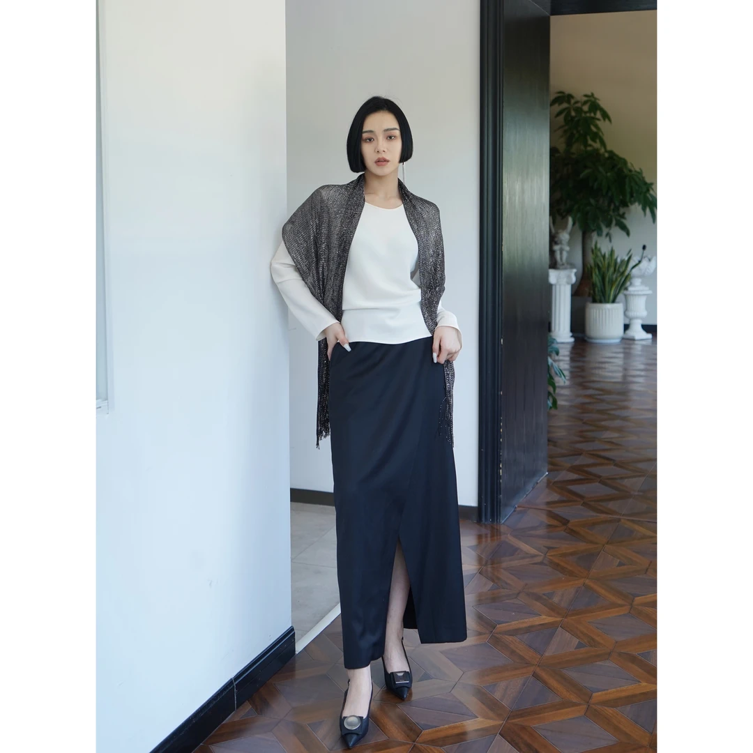 【谜】很有调调 精纺羊毛显瘦直筒围裹式极简长款西装半身裙