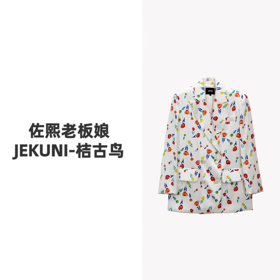 JEKUNI/桔古鸟【爱在巴黎】新款休闲宽松花朵印花轻薄气质西装款号
