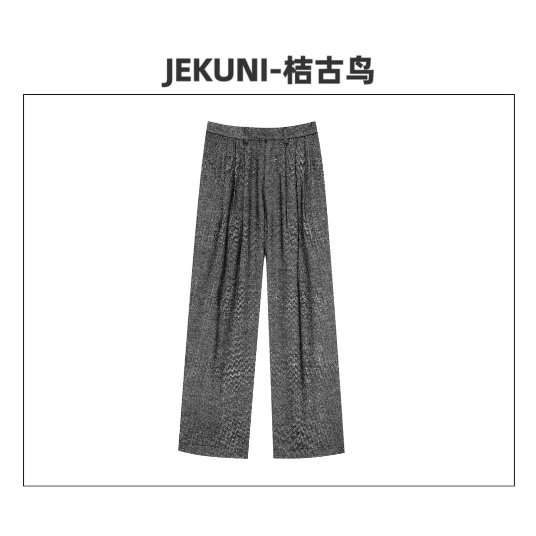 JEKUNI/桔古鸟灰色细钻阔腿裤女秋季新款垂感休闲长裤