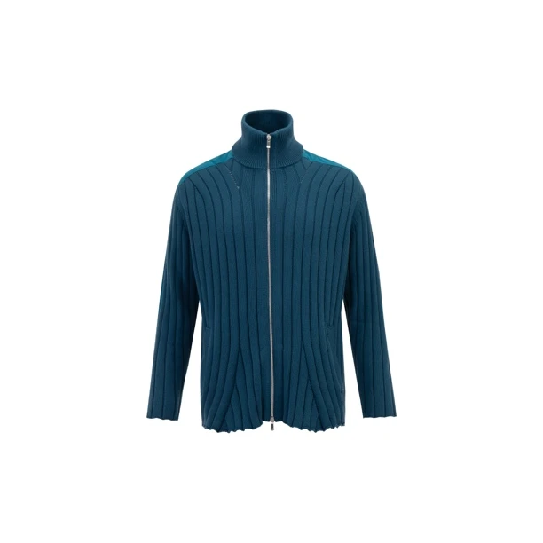 OASIS 弧形坑条高领双色拼接贴布拉链毛衣针织开衫