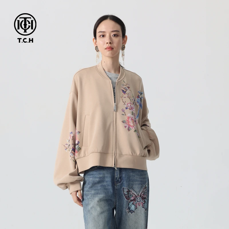 TCH服饰 国风印花夹克外套女美式棒球服T72C166015私服tch