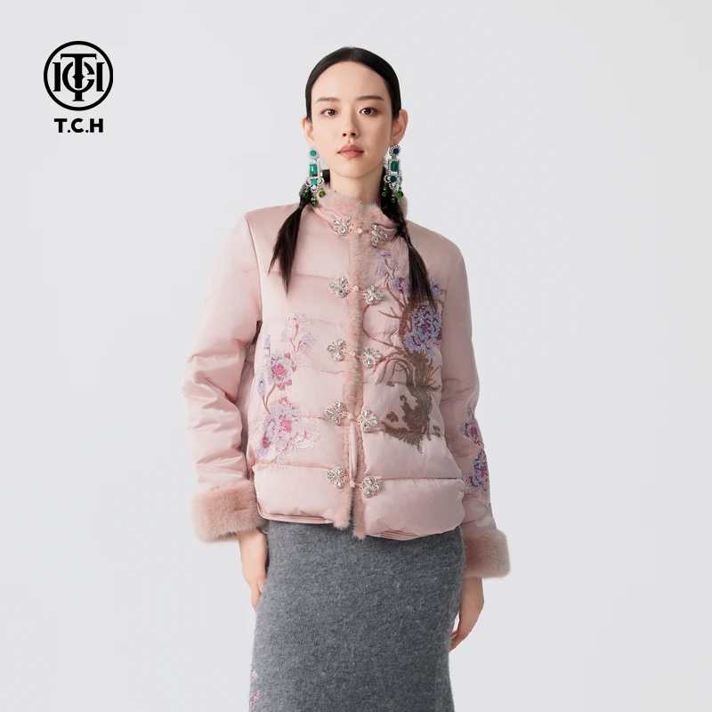 TCH星星专享-重工手缝钻梅花新中式毛毛袖口羽绒服女T72D198016