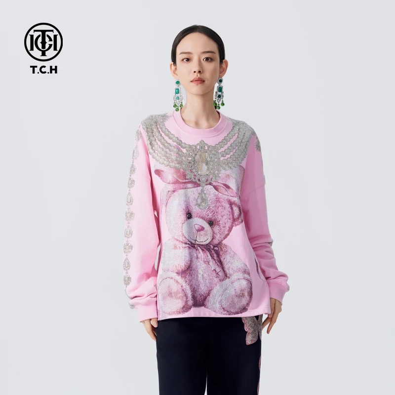 TCH服饰店播轻奢卡通小熊套头长袖卫衣男女宽松圆领衫T72C116008