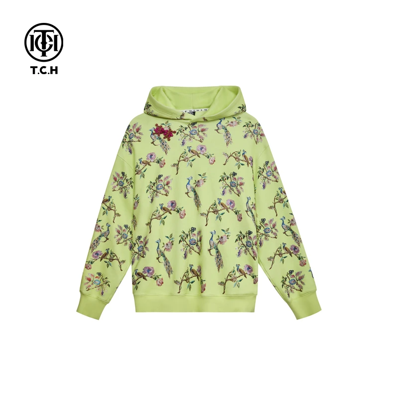 TCH服饰店播-新中式国风花鸟套头卫衣男女满印帽衫外套T72C126001