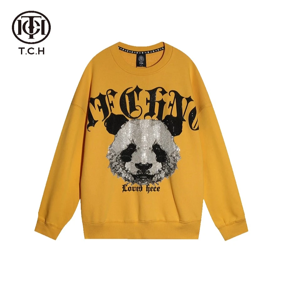 上海合生汇-TCH宽松熊猫头字母烫钻黄色圆领套头卫衣T21111C6039