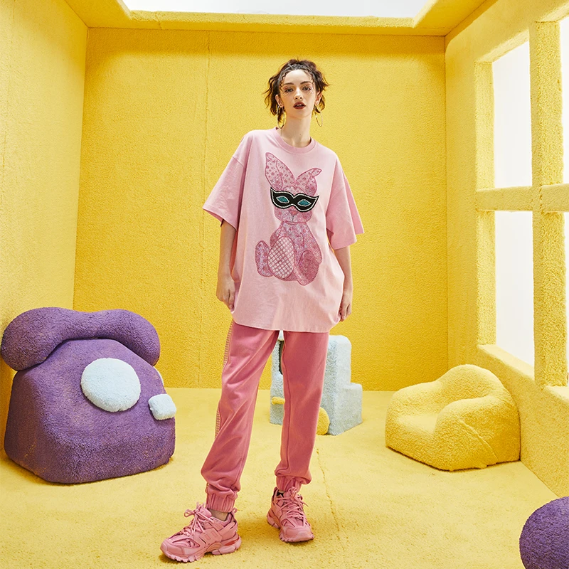 TCH服饰店播彩钻兔兔圆领粉色T恤男女同款S69A106079