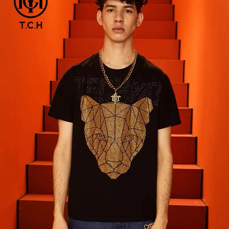 TCH服饰轻奢潮牌短袖T恤烫钻豹头夏季男女黑色圆领上衣T66D106031