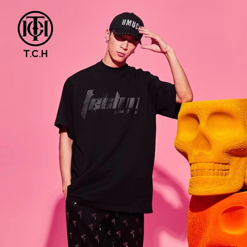 TCH服饰店播-轻奢黑色烫钻短袖时尚休闲短袖情侣款T恤T69C108036