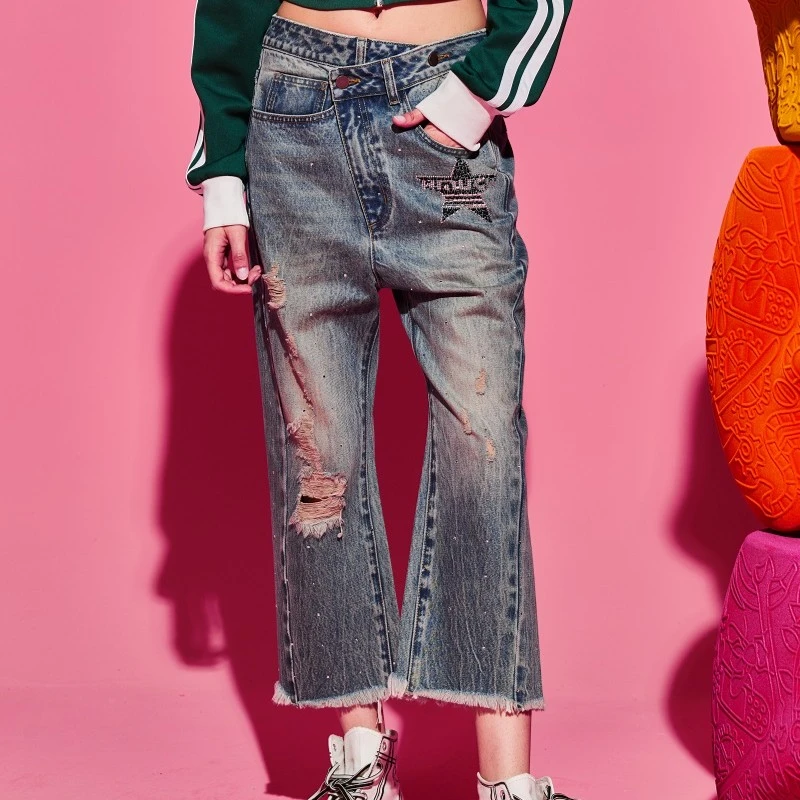 TCH服饰店播修身破洞潮流微喇蓝色九分牛仔裤S69D208018