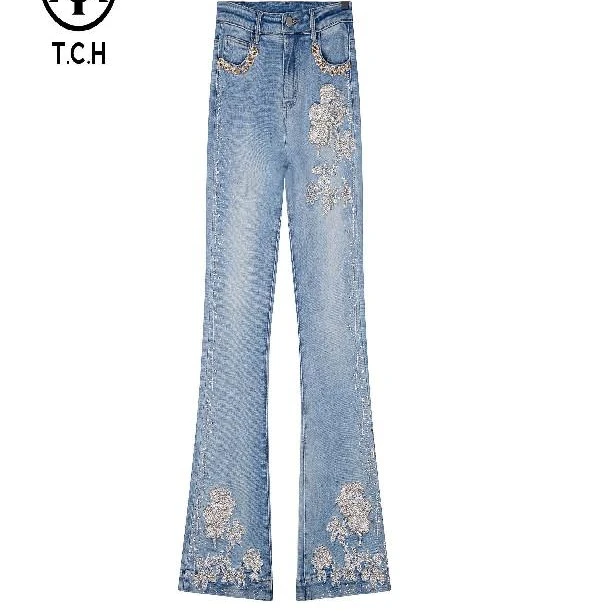 TCH服饰店播 -时髦中式提花刺绣修身牛仔复古牛仔裤女T72C208006