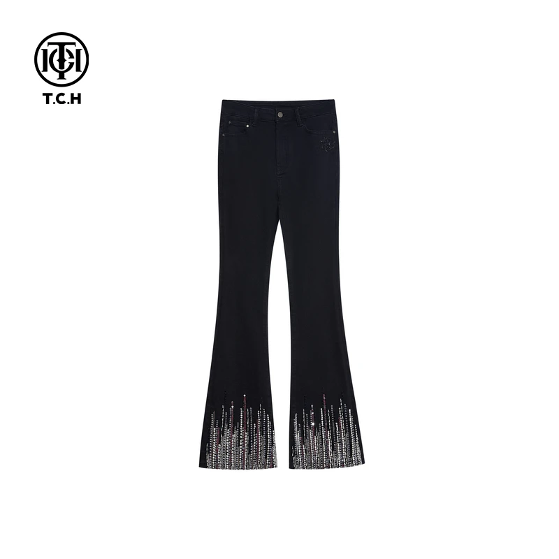 石景山TCH镶钻亮片黑色微喇牛仔裤女24秋冬显瘦喇叭裤T72C208031