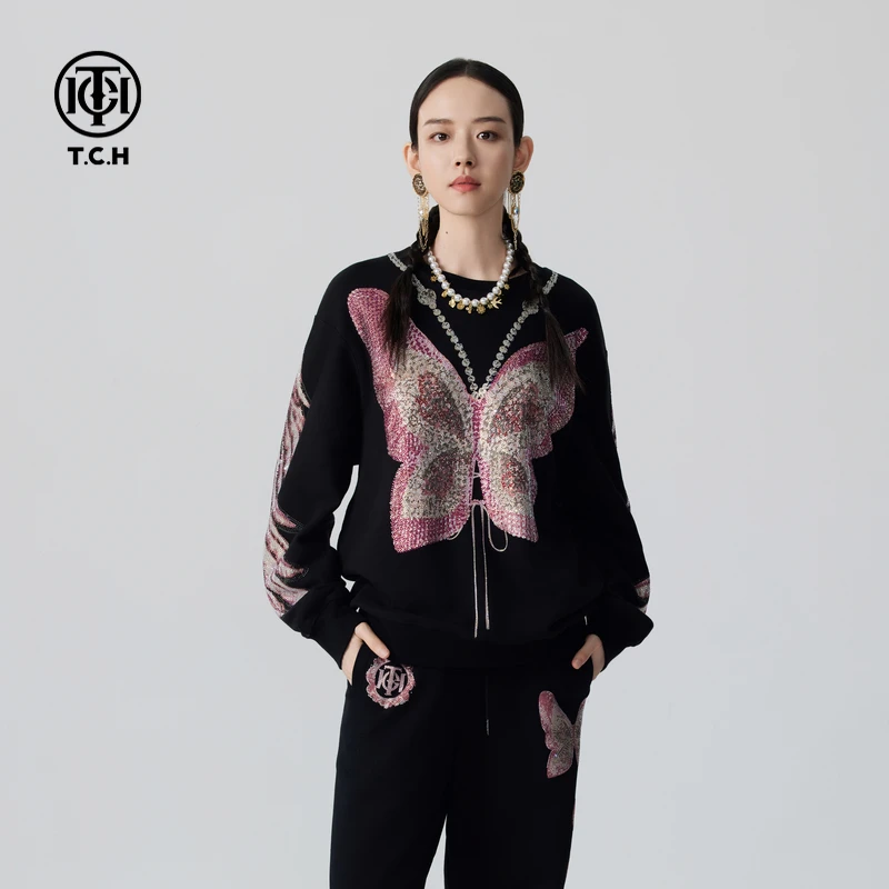 重庆-TCH 圆领卫衣宽松2025秋季新款潮牌烫钻圆领衫T72C116022