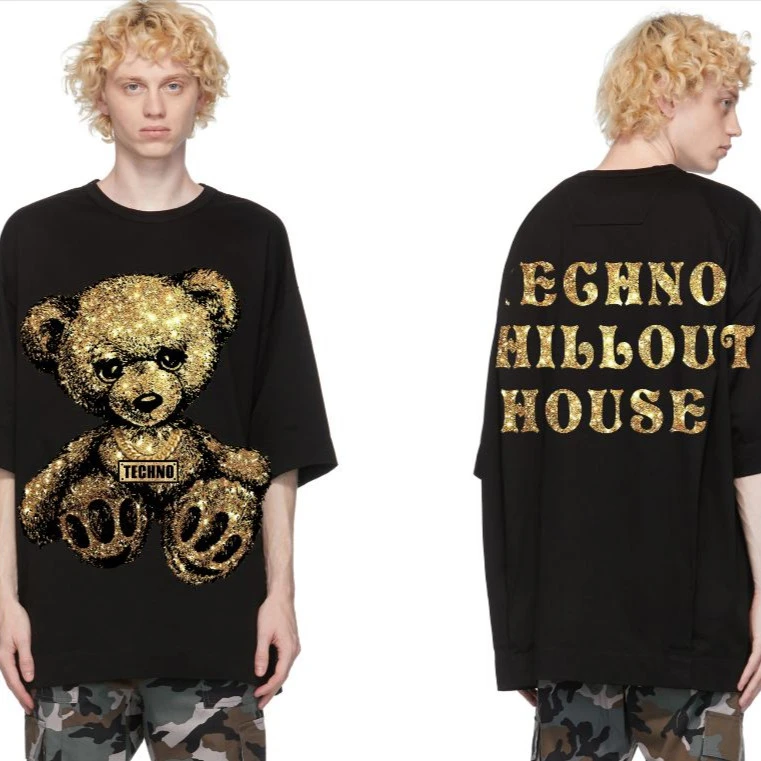 洛阳大卫城-潮牌萌小熊字母烫钻黑色T恤男女同款T21110C6192