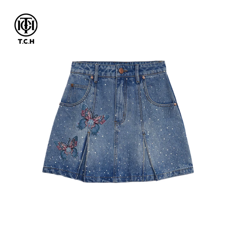 TCH服饰店播2025秋季新款美式蓝色牛仔短裙女A字短裙T72C228010