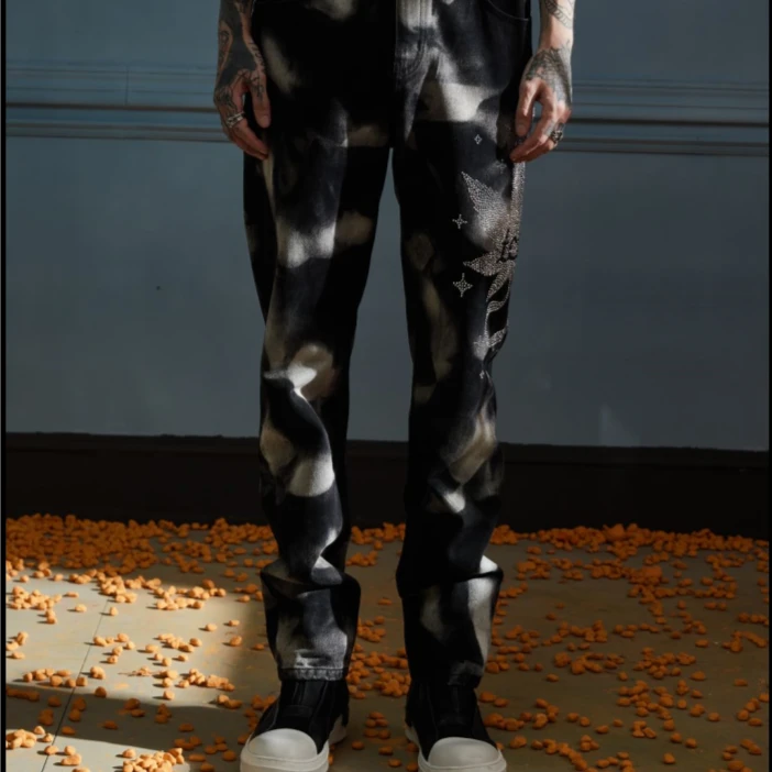 TCH服饰店播-扎染秋冬宽松裤黑色牛仔裤T66A208102