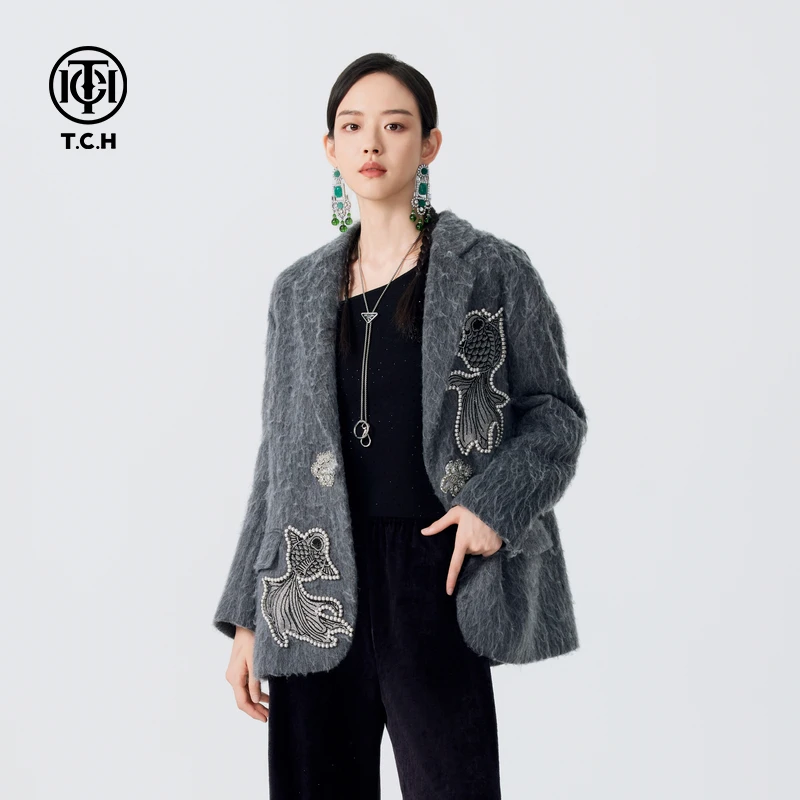 TCH店播西装外套女2025新款时尚阔版毛呢外套T72C046010