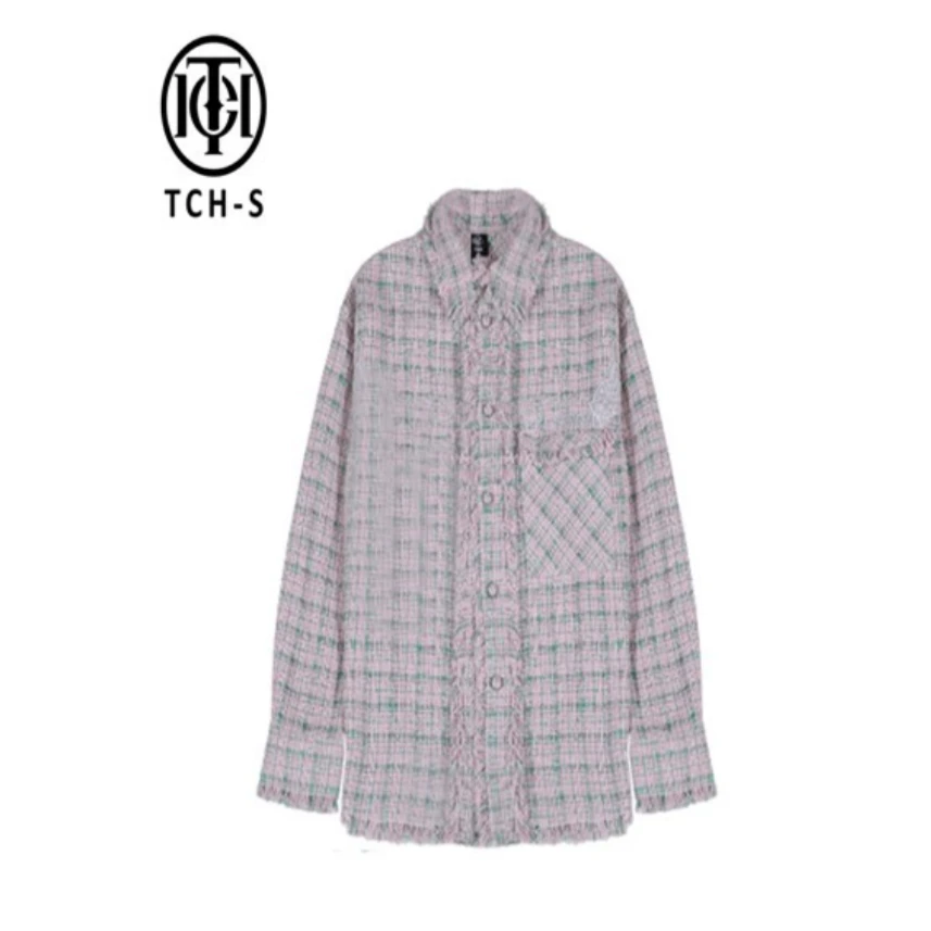 石家庄先天下-TCH潮牌字母烫钻手工粗花呢粉色衬衫外套S66D279011