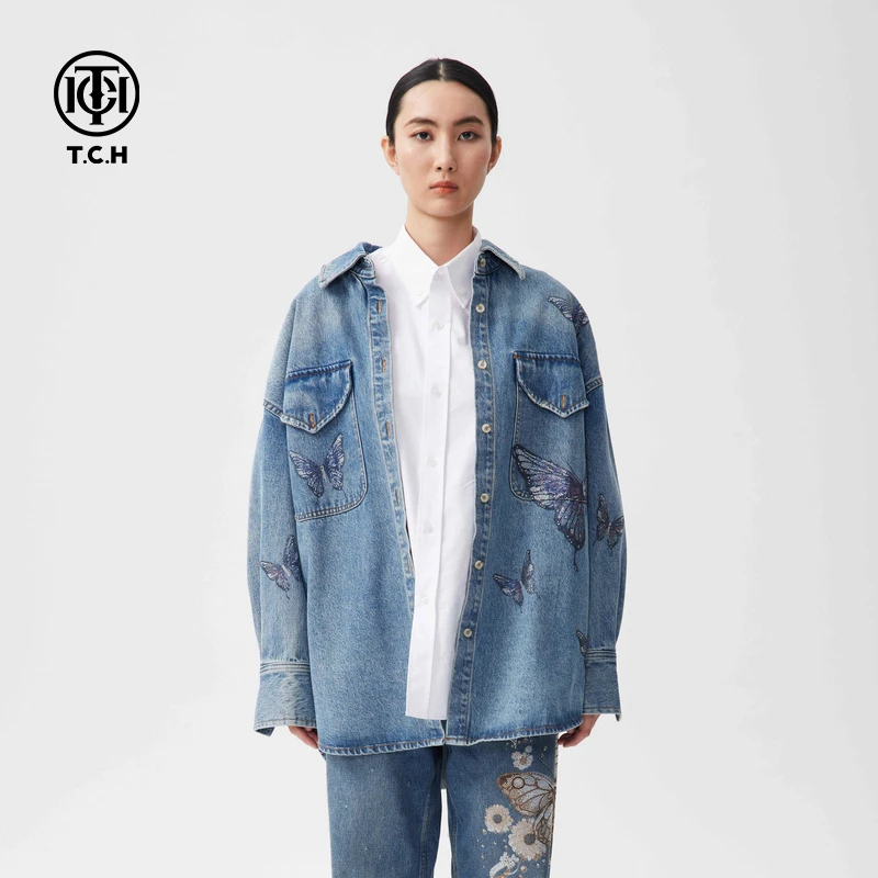 TCH服饰店播-美式中长款牛仔外套女25秋冬新款夹克上衣T72C068003