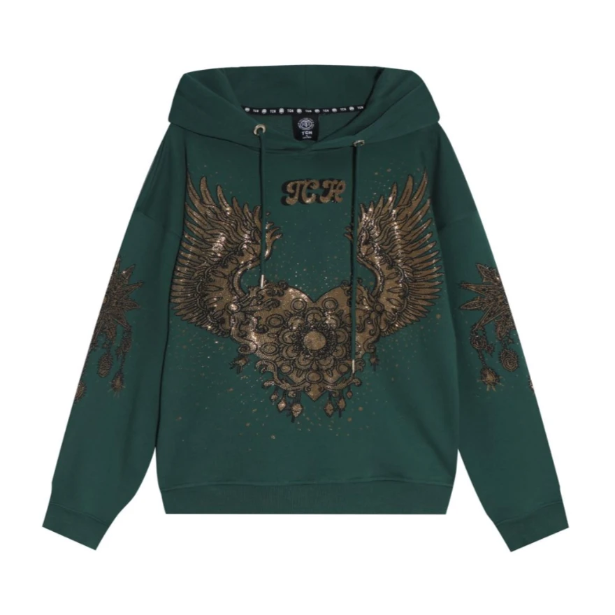 镇江-潮牌爱心翅膀烫钻绿色帽衫T21112C6047