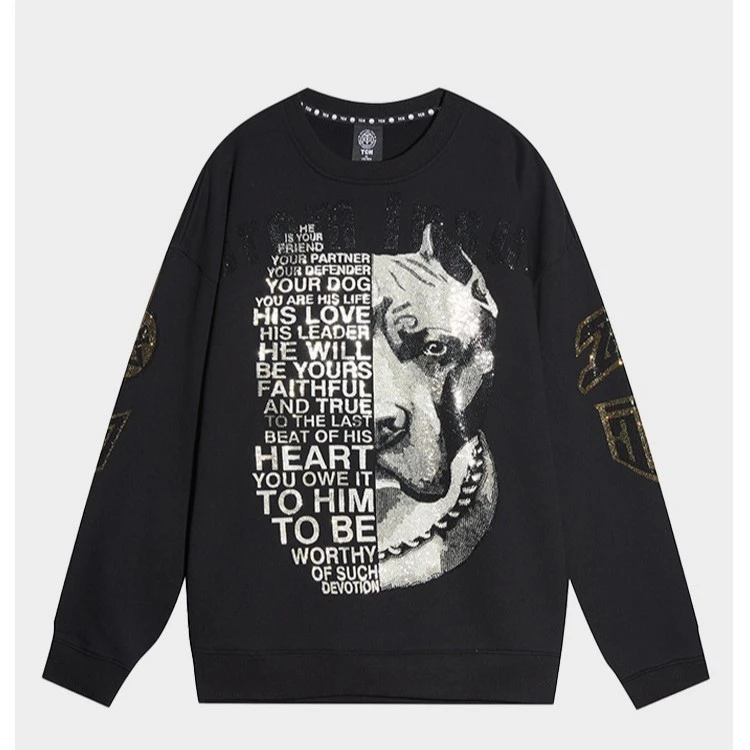 TCH服饰店播-潮牌法斗黑色圆领休闲百搭男女套头卫衣T21111C6005