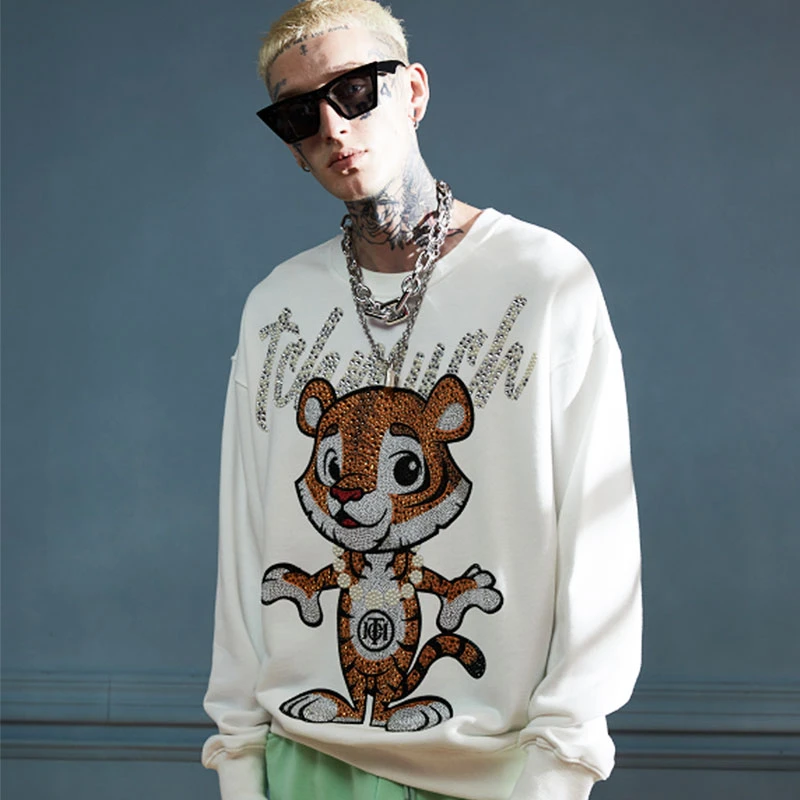 TCH服饰店播-小老虎百搭秋冬宽松白色圆领卫衣T66B116112