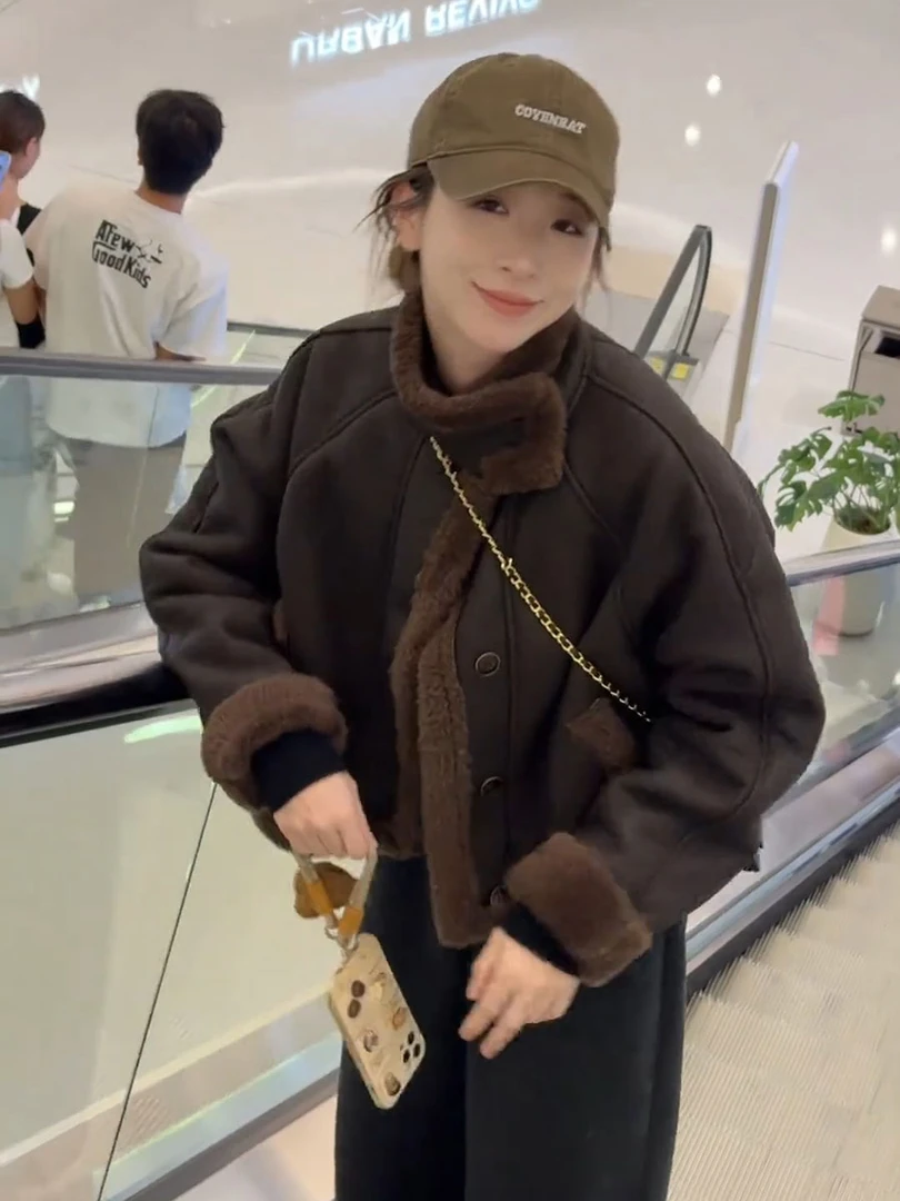 羊羔毛外套女2024冬季新款小个子立领加厚机车服短款皮毛一体上衣