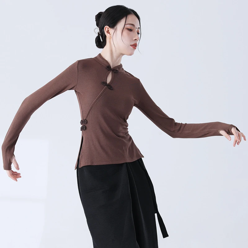 古典舞舞蹈服装时尚镂空上衣盘扣旗袍领长袖练功服修身显瘦形体服