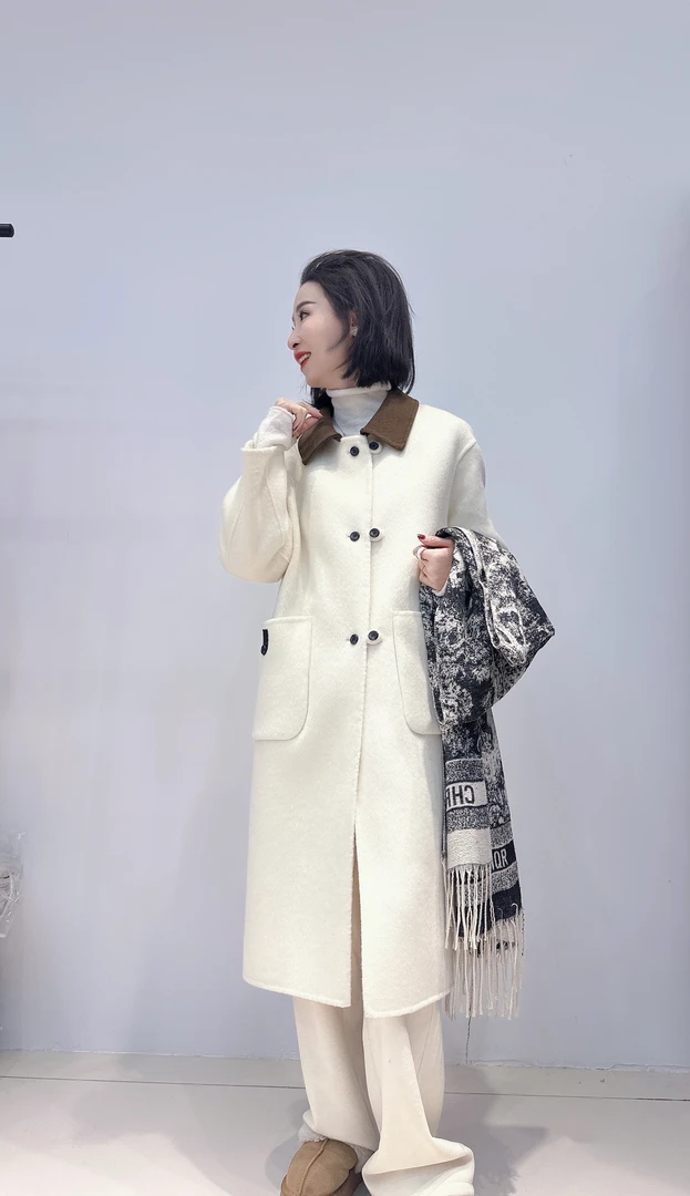 女士冬季百搭中长款拼色撞色双排扣娃娃领双面呢大衣