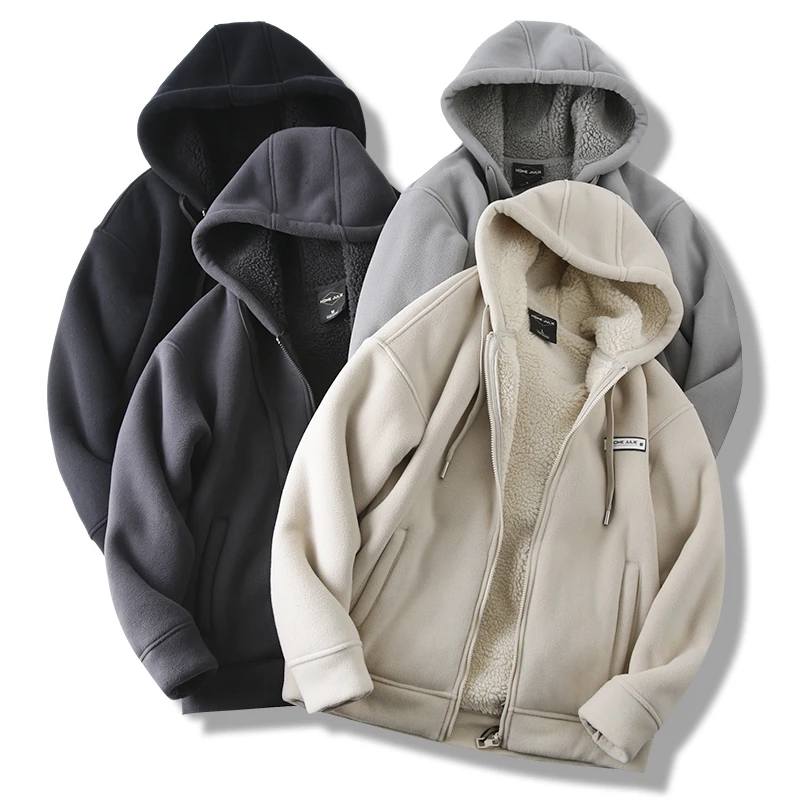 冬季加绒加厚摇粒绒外套男士连帽保暖户外夹克休闲宽松男外套-谢
