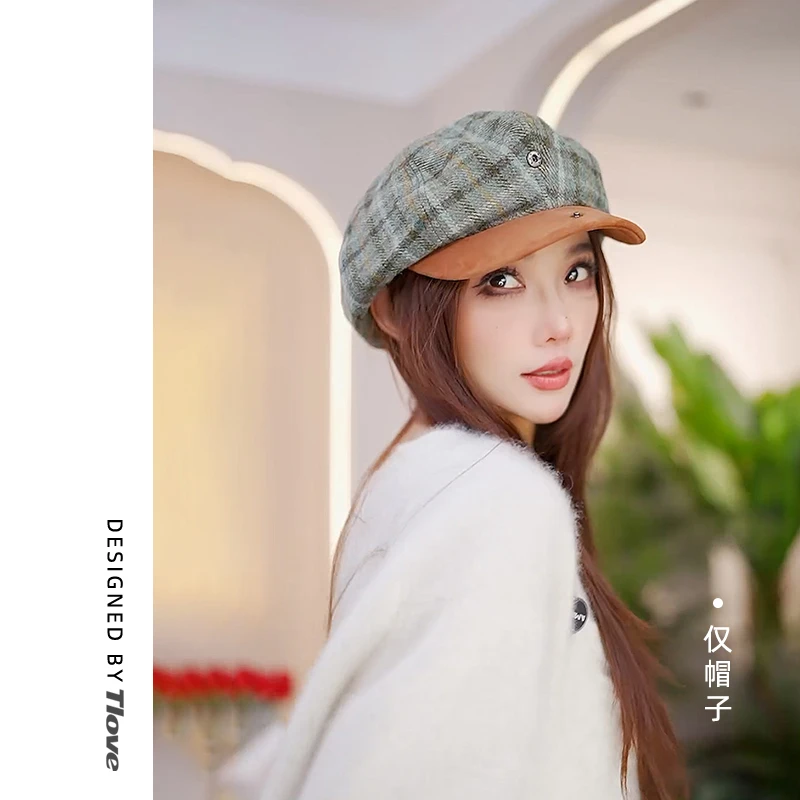 9624春秋时尚休闲百搭格子帽子毛呢经典格纹画家鸭舌帽