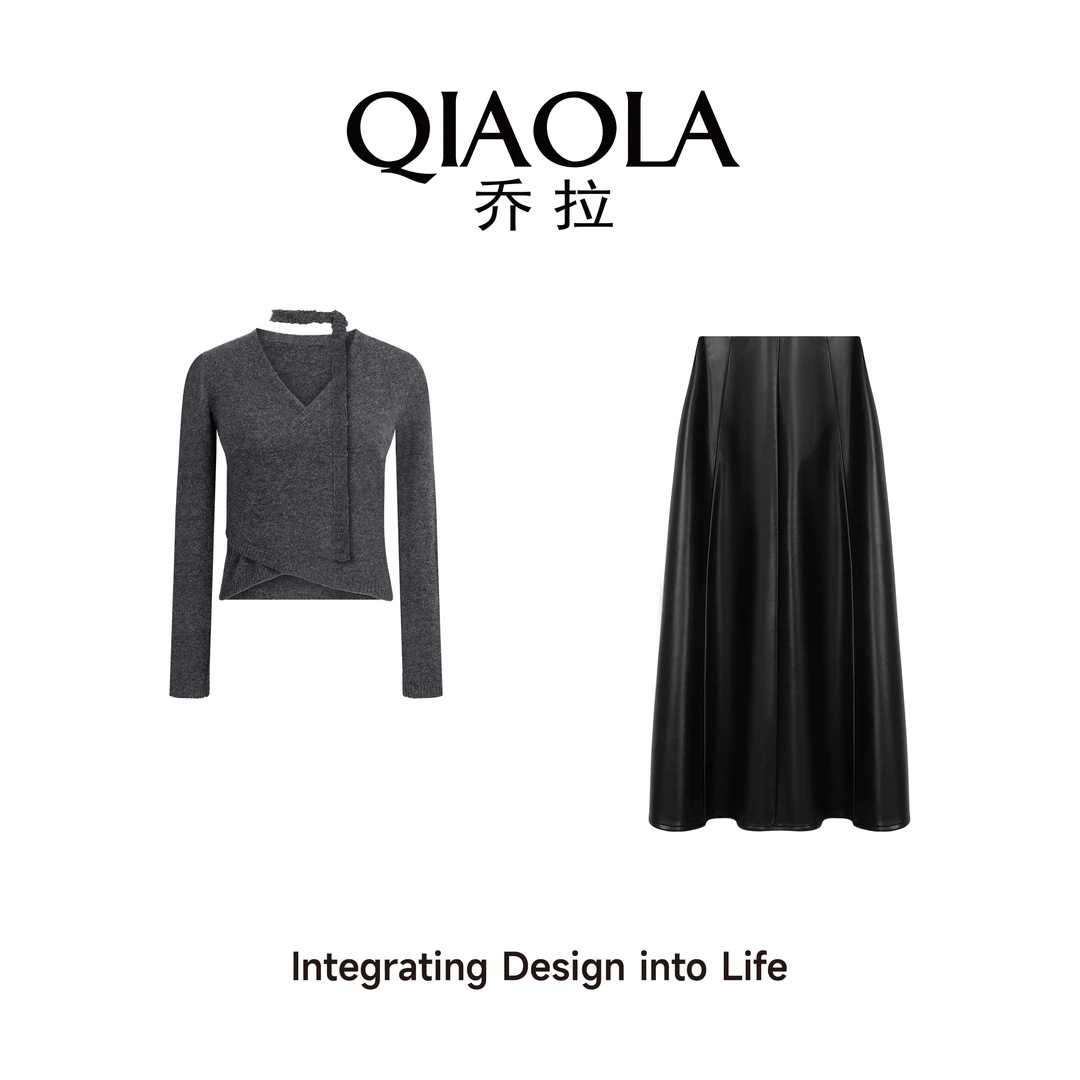 QIAOLA/乔拉【曼城暮色】秋季V领设计领带PU皮遮肉百搭时尚套装