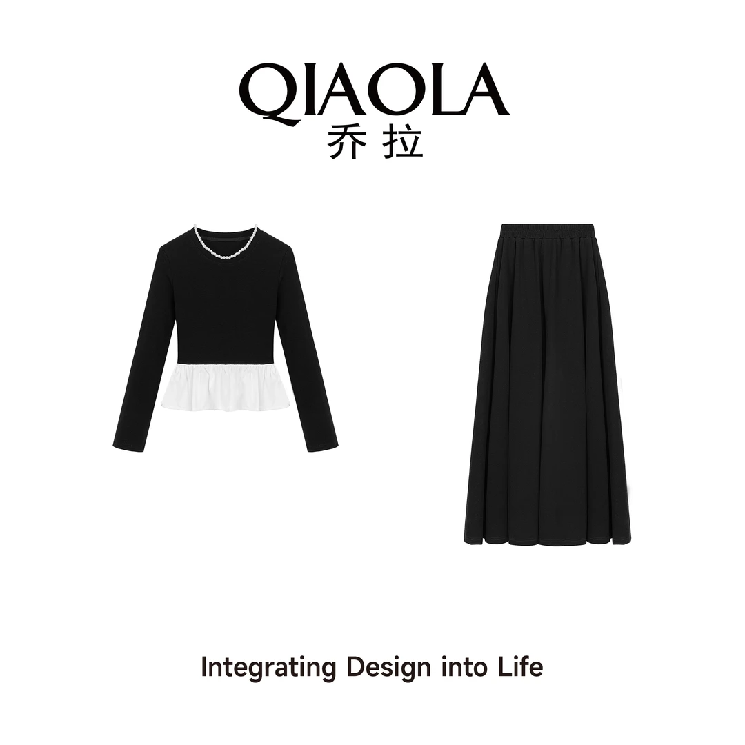 QIAOLA/乔拉【闻香百合】秋季坑条针织圆领拼接轻奢A版时尚套装