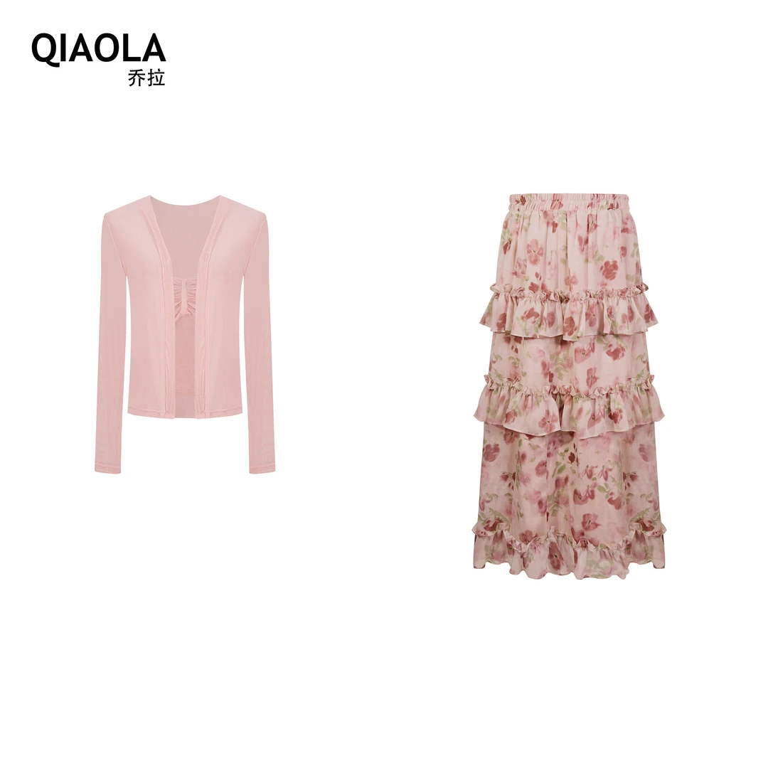 QIAOLA/乔拉【恋恋笔记】夏款网纱吊带碎花木耳边减龄上衣套装