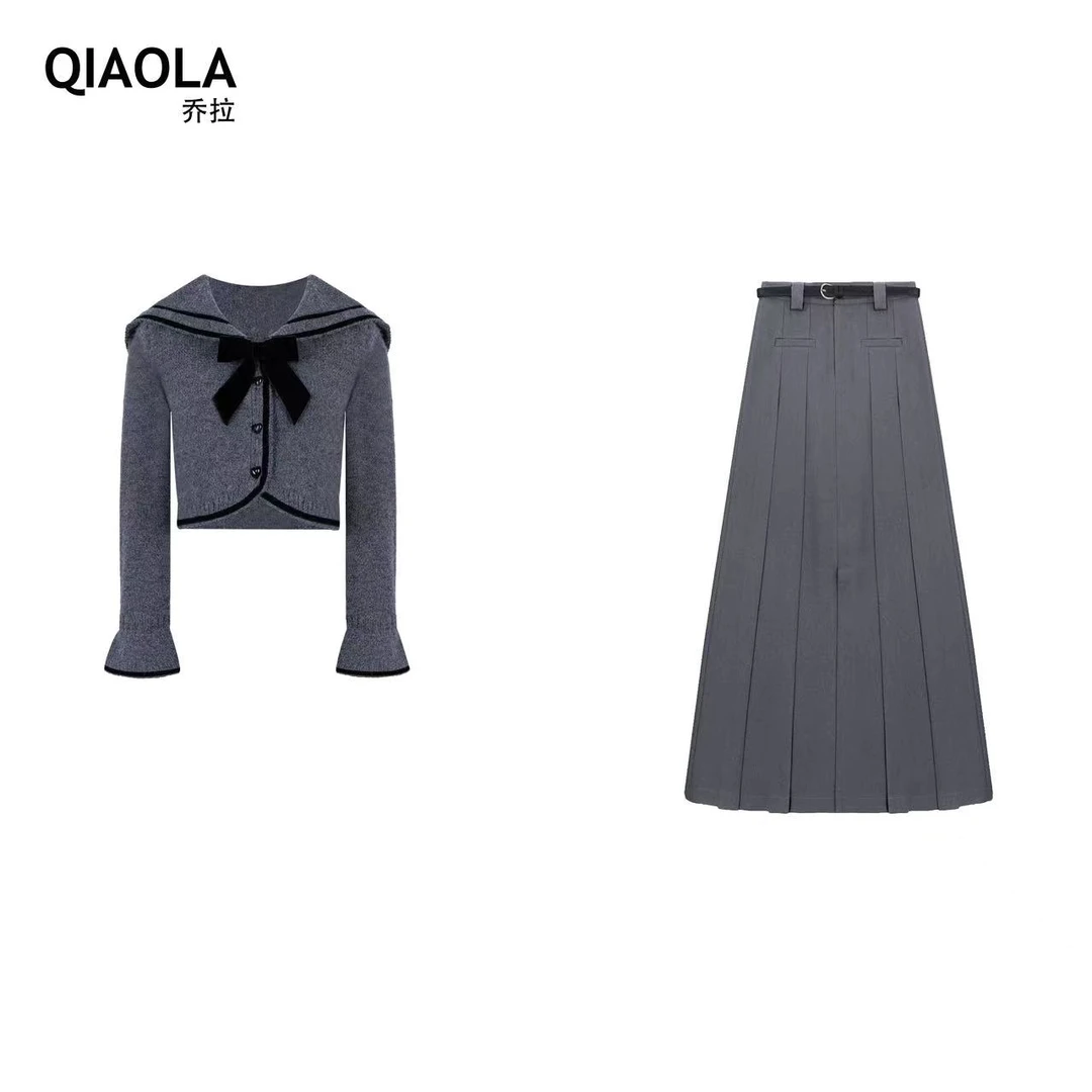【海鸥航线】小众设计秋冬款定制毛织翻领蝴蝶结百褶学院风时尚套装