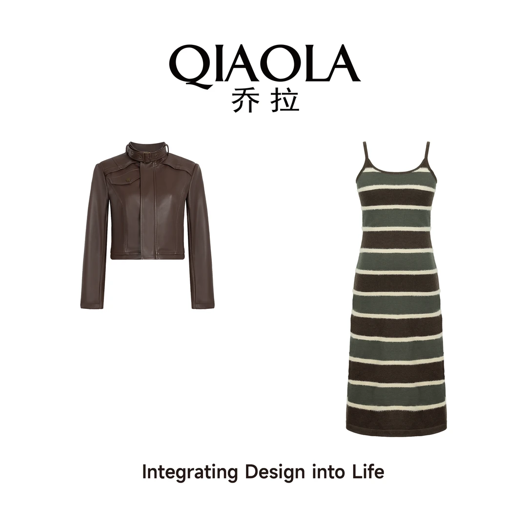 QIAOLA/乔拉【雨后香根】秋季条纹毛织PU皮街头休闲A版时尚套装