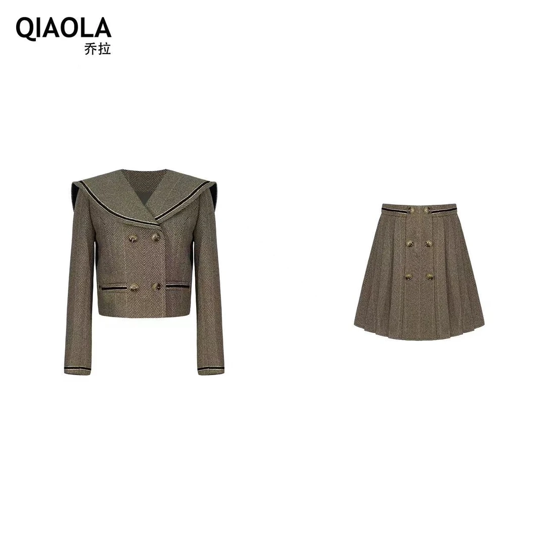 【海岛邮差】小众设计秋冬款定制人字纹翻领双排扣轻奢时尚套装