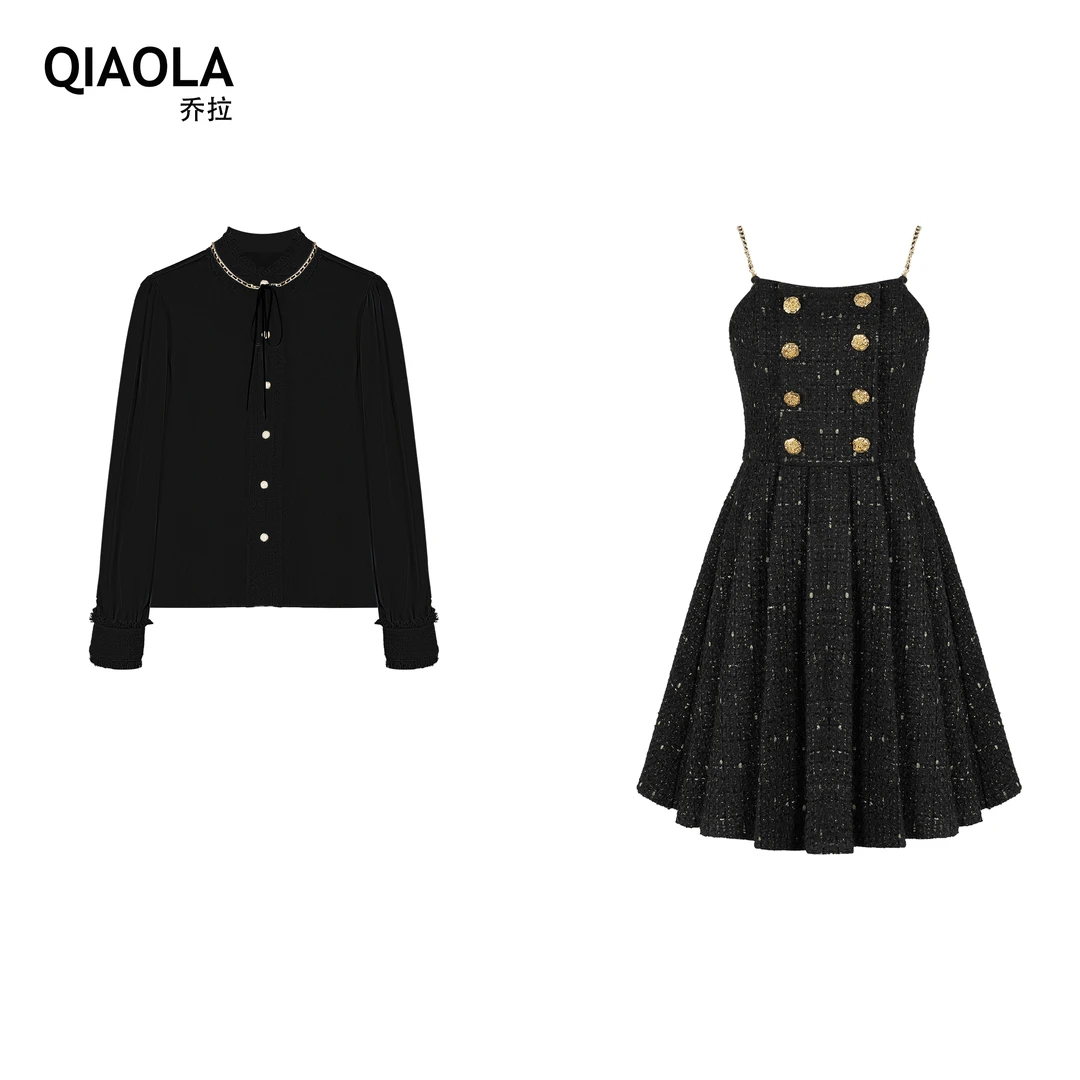 QIAOLA/乔拉【琉璃千金】设计小香风金丝轻奢减龄上衣裙子套装
