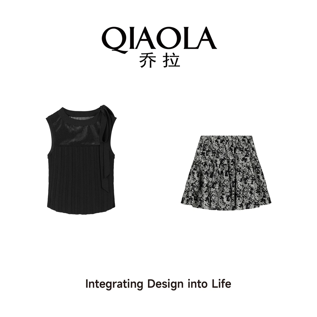 QIAOLA/乔拉【少女赫本】夏季镂空圆领碎花A版减龄上衣半裙套装