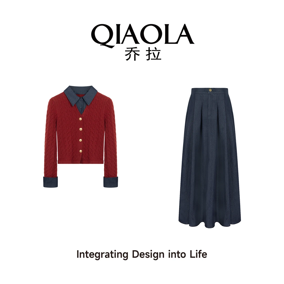 QIAOLA/乔拉【南国红豆】秋季北极绒拼接仿牛仔假两件时尚套装预售