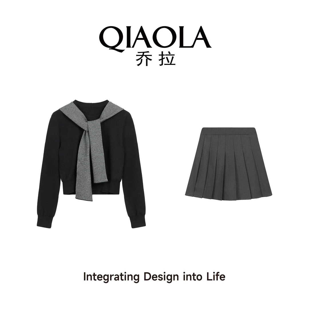 QIAOLA/乔拉【茶森私立】秋季包芯纱披肩长袖百褶慵懒减龄套装