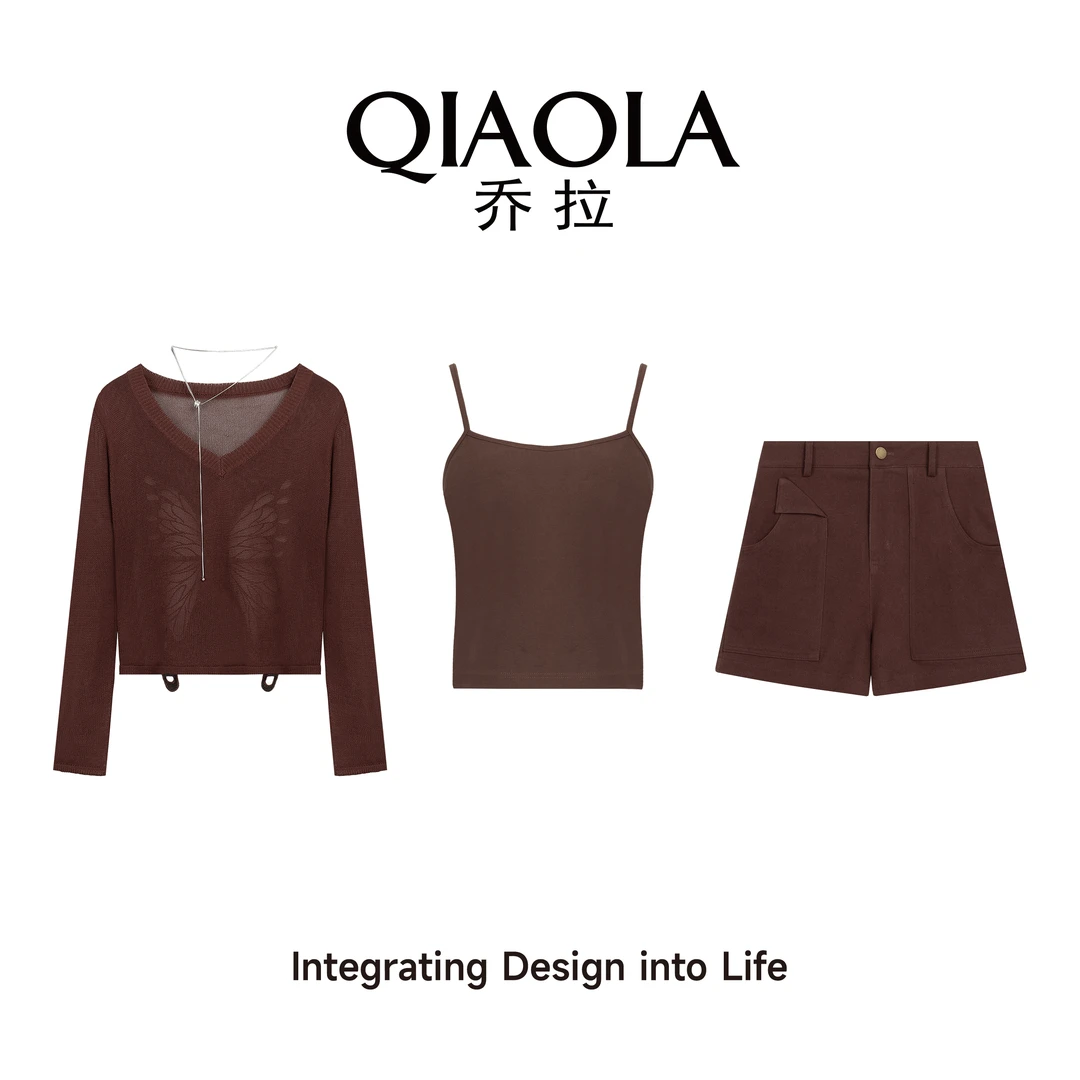 QIAOLA/乔拉【磨巧咖啡】秋季梭织V领蝴蝶刺绣镂空美拉德套装预售