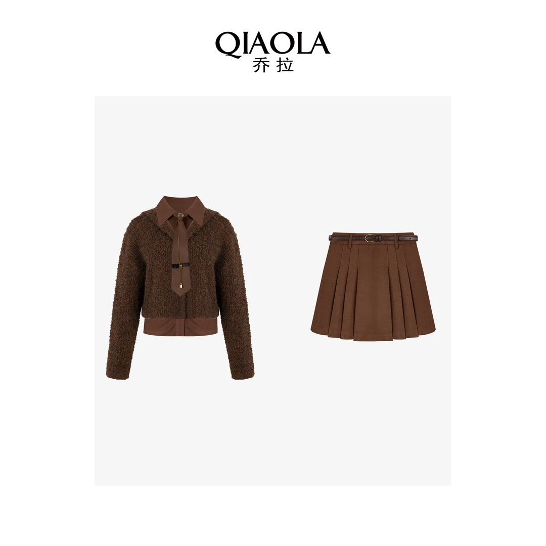 QIAOLA/乔拉【斯莱特林】秋冬珠片毛织领带翻领慵懒外套套装