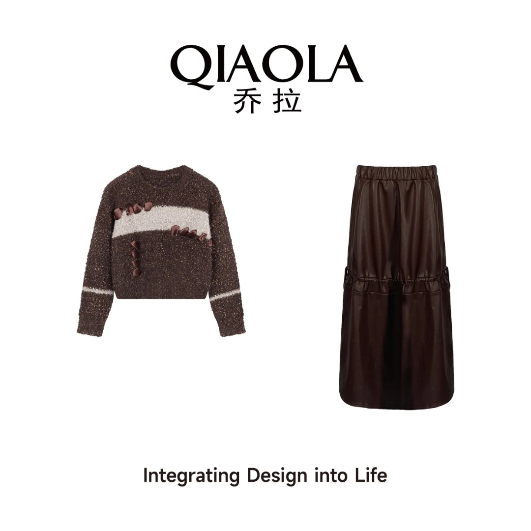 QIAOLA/乔拉【加州旅馆】秋冬季仿貂毛圈圈撞色圆领A版时尚套装预售