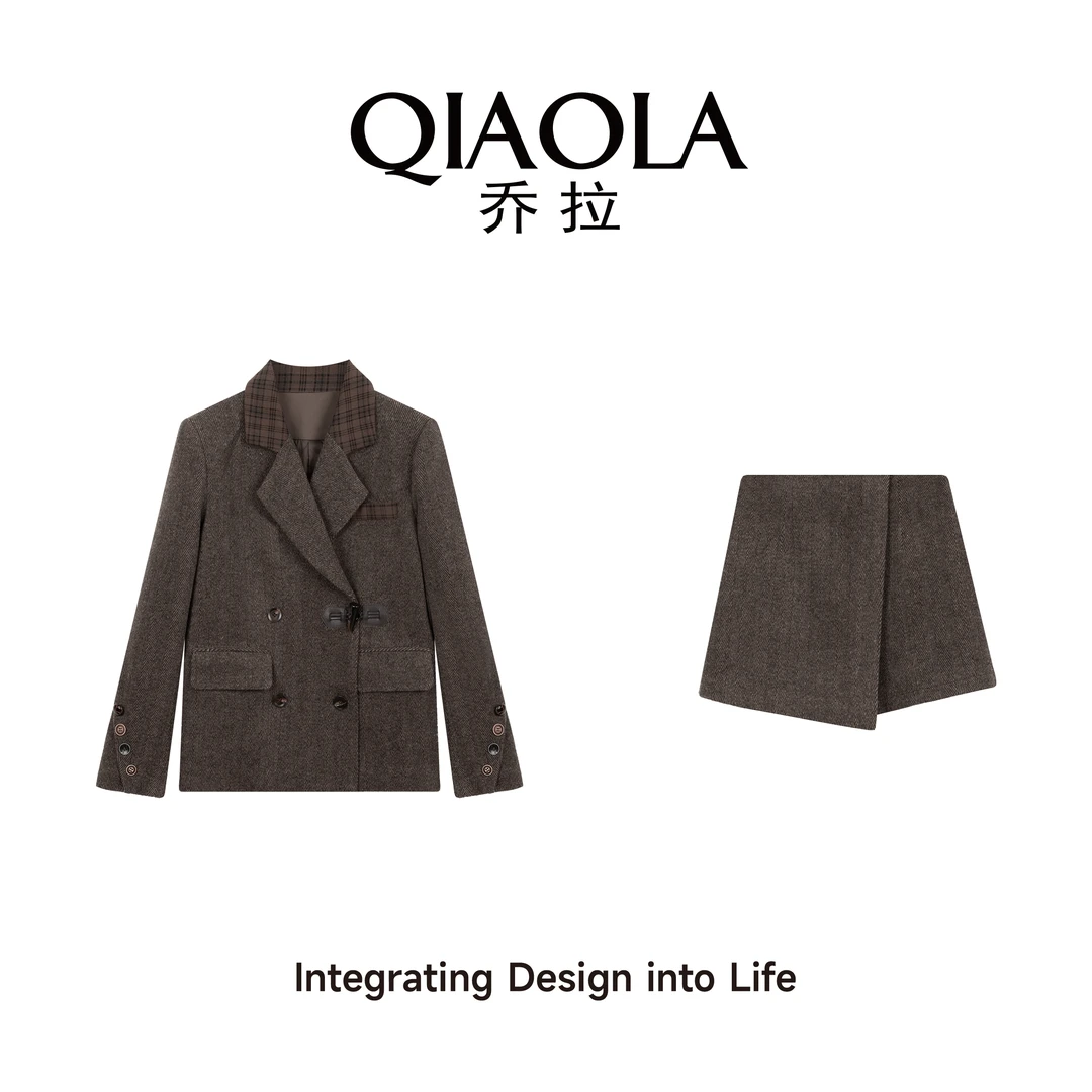 QIAOLA/乔拉【冬日摩卡】秋冬季毛呢格纹枪驳领气质时尚套装